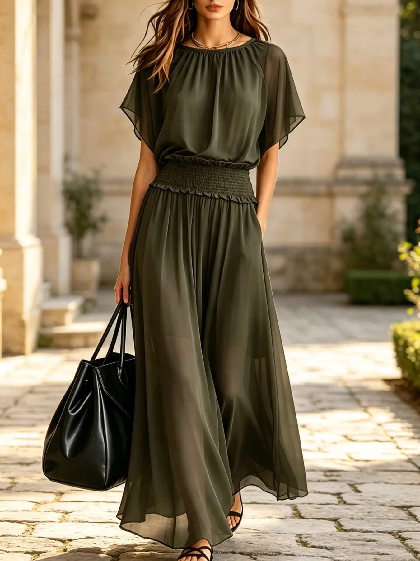 Women Flowy Chiffon Maxi Dress, Shirred Round Neck Flutter Short Sleeve, Ruffled Smocked High Waist Loose Long Outfit for Seaside Trip, Dinner Date, Picnic, Birthday, Coffee Shop, Family Dinner & Semi-Formal Occasions