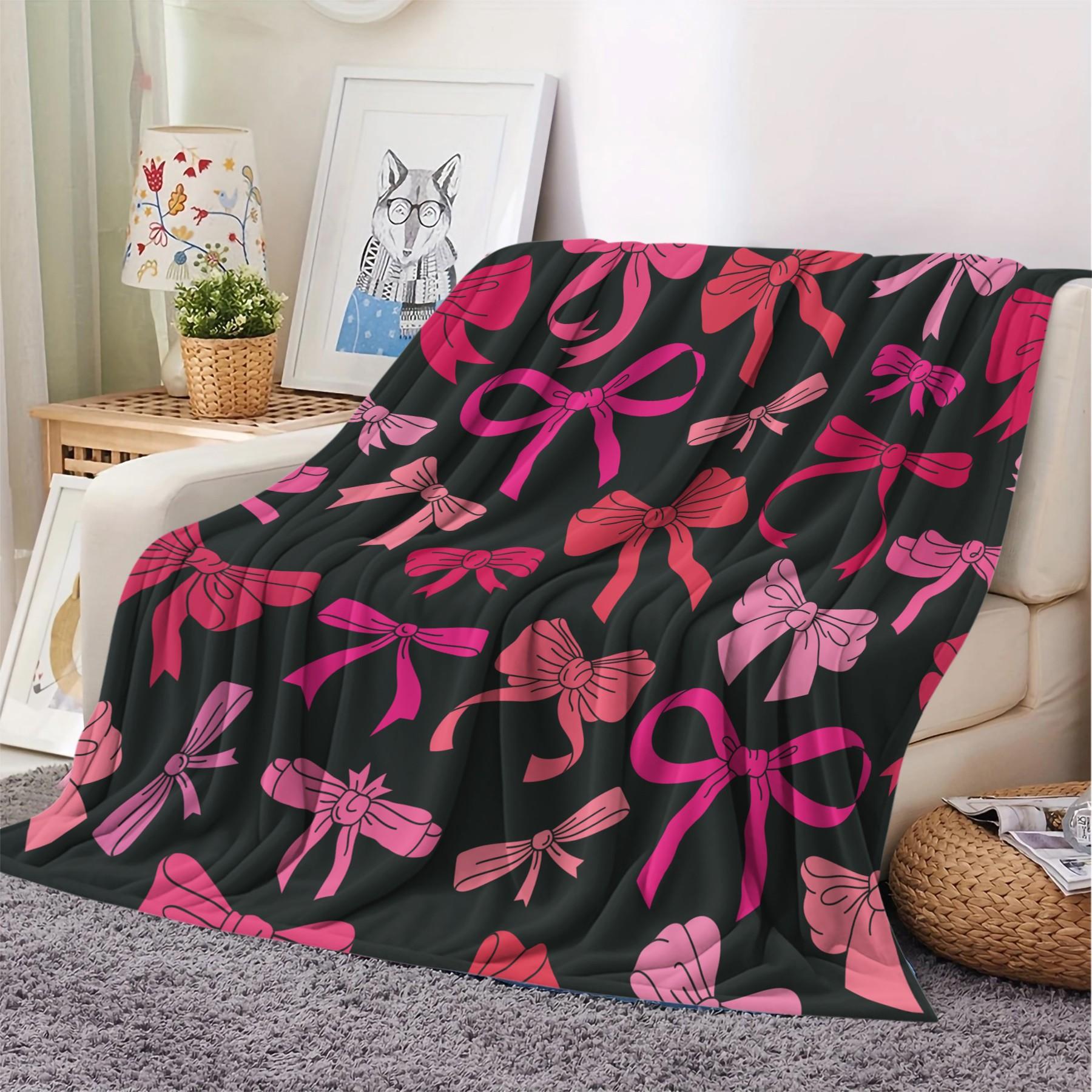 1Pcs Coquette Pink Bow Digital Print Flannel Blanket, Sweet Y2K Aesthetic Throw Blanket, Soft Fluffy Lightweight Warm Blanket, Cozy All-Season Gift Blanket, Perfect for Bedroom, Sofa, Dorm, Living Room & Travel Use