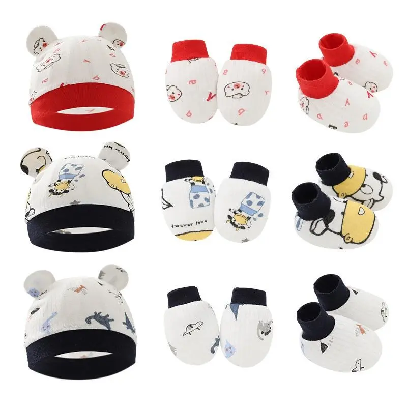 3-Piece Unisex Soft Cotton Beanie, Mittens & Booties Set, Dinosaur Print Bear Ear Knit Hat with Anti-Scratch Mittens & Non-Slip Socks, Breathable Gentle Daily Wear Set, Size 0-6 Months