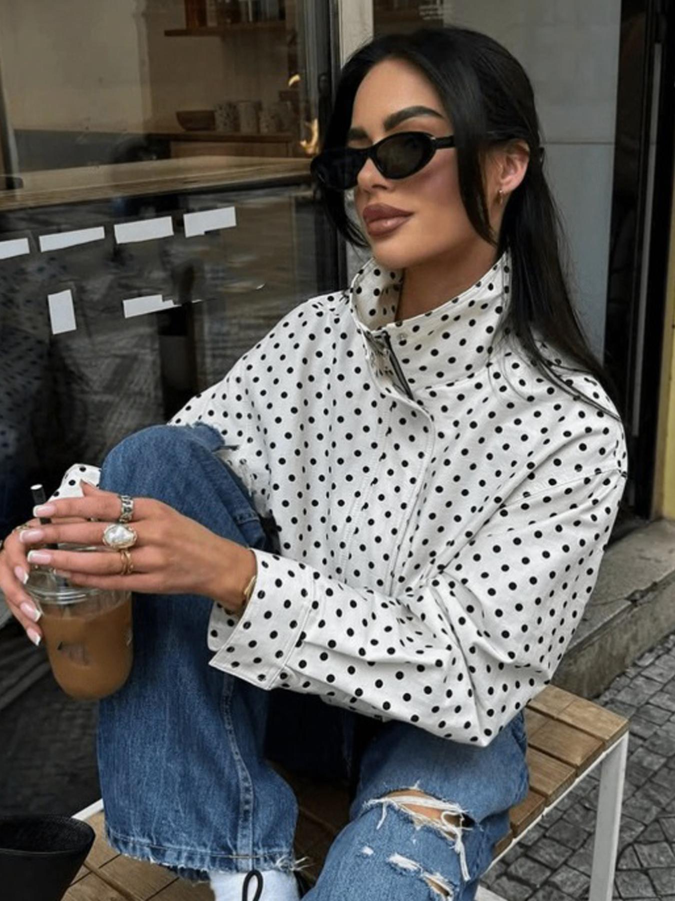 Polka Dot High Neck Women's Spring Jacket Windbreaker Cropped Coat Outdoor Bomber Jackets For Woman Outerwear Streetwear Demi-Season New In Jackets Fashionable Zipper Blue Woman Jackets Polka Dot Casual Jacket Casual Chic Outerwear Womenswear