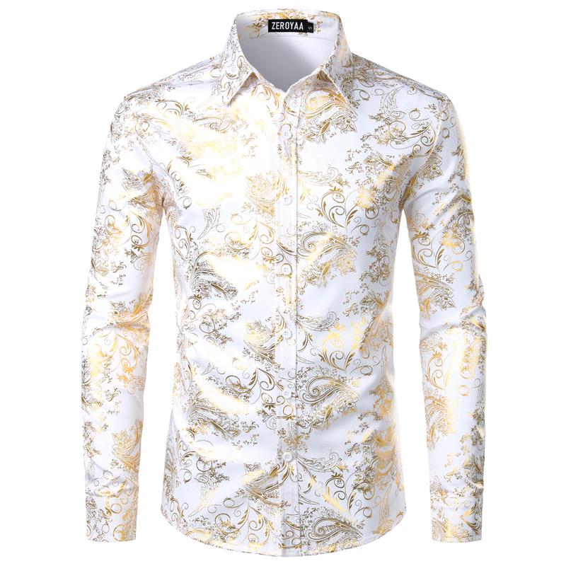 ZEROYAA Men's Luxury Paisley Dress Shirt Shiny Floral Printed Button Down Shirts for Party Prom Casual Elegant Father's Day Gift for Boyfriend Dad Gifts Black People Menswear Fabric Long Sleeve Top Vneck