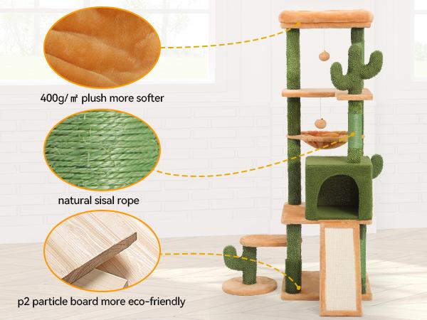 DWVO Tall Cactus Cat Tree Tower with Self-Grooming Brush, 60/73 in Cute Cat Climbing Tower for Indoor Cats with Cat Condo, Top Perch, Basktet, Sisal Scratching Posts and Board,Toy Balls