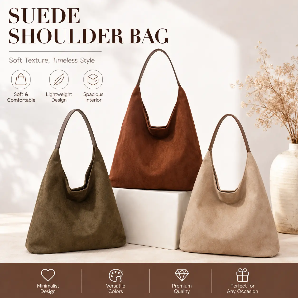 Trendy Faux Suede Shoulder Purse Bag Women Tote Hobo Purses Handbag Bags | Soft Suede,Large Capacity,Versatile Lightweight Brown Purses,Slouchy Everyday Work Gym Travel Weekend Tote Bag