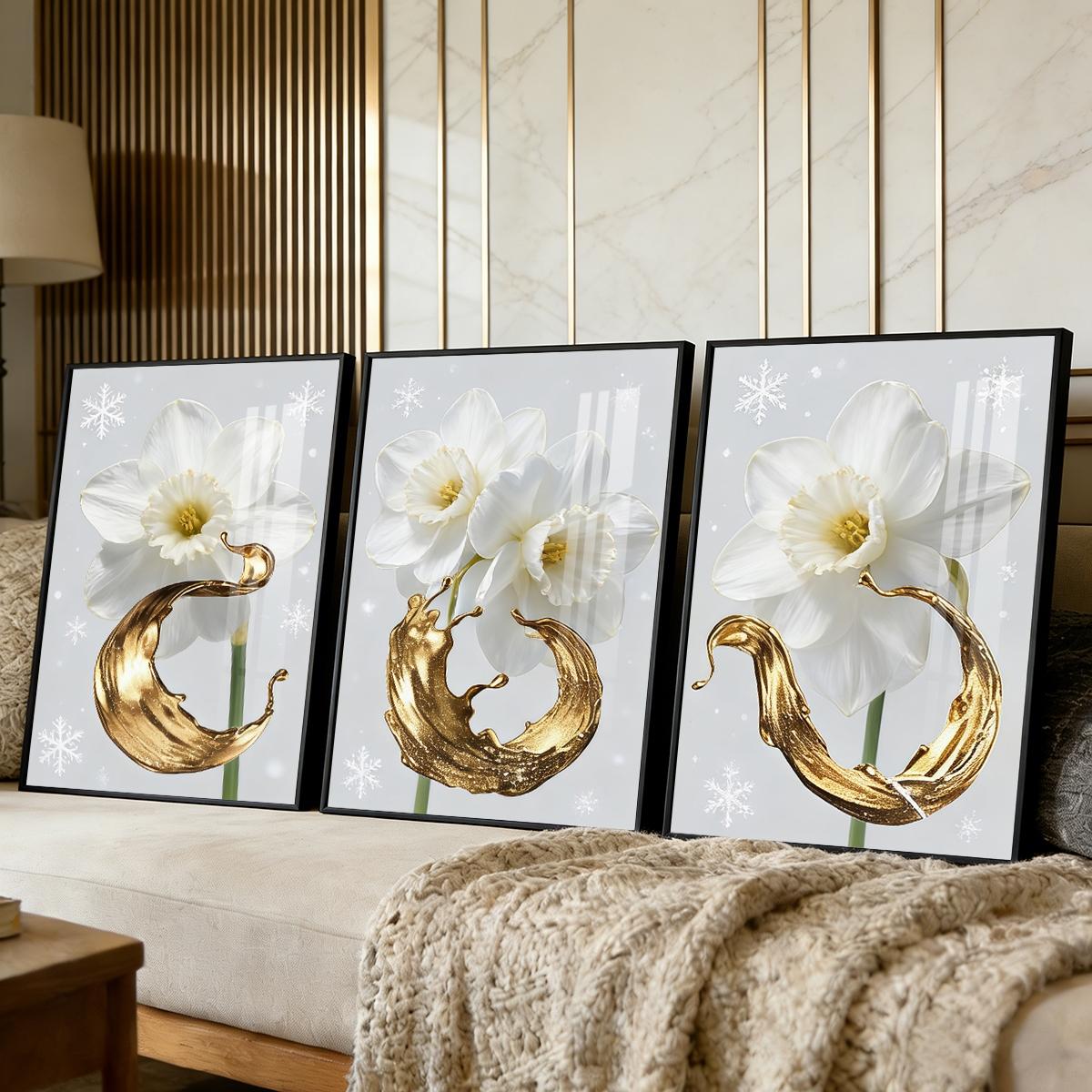 3 Counts Aluminum Alloy Framed Painting, White Daffodil Gold Splash Art Pictures, Home Decoration For Living Room, Bedroom, Office, Restaurant, Hallway Wall Decor, Odorless Print Artwork, Luxury Perfect Gift For Friends And Family