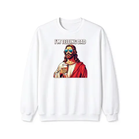 Women's Graphic T-Shirt - American Spirit, "I'm Telling Dad" Jesus Lovers Phrase, Football Fashion, Short Sleeve, Round Neck, Playful Tee for Boys Kids, Easter Fun, Vet Tech Gift, Clothes, Easter Humor Tee