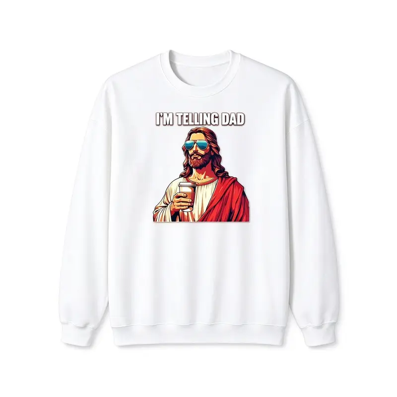 Women's Graphic T-Shirt - American Spirit, "I'm Telling Dad" Jesus Lovers Phrase, Football Fashion, Short Sleeve, Round Neck, Playful Tee for Boys Kids, Easter Fun, Vet Tech Gift, Clothes, Easter Humor Tee