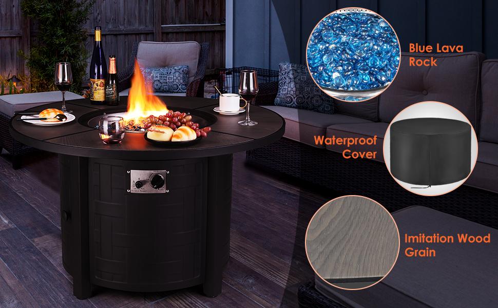 42-Inch Propane Fire Pit Table - 50,000 BTU with Auto-Ignition, Round Gas Fire Pit for Outdoor Patios, Includes Waterproof Cover, Blue Stone Finish and Lid - CSA Certified，Ideal for party