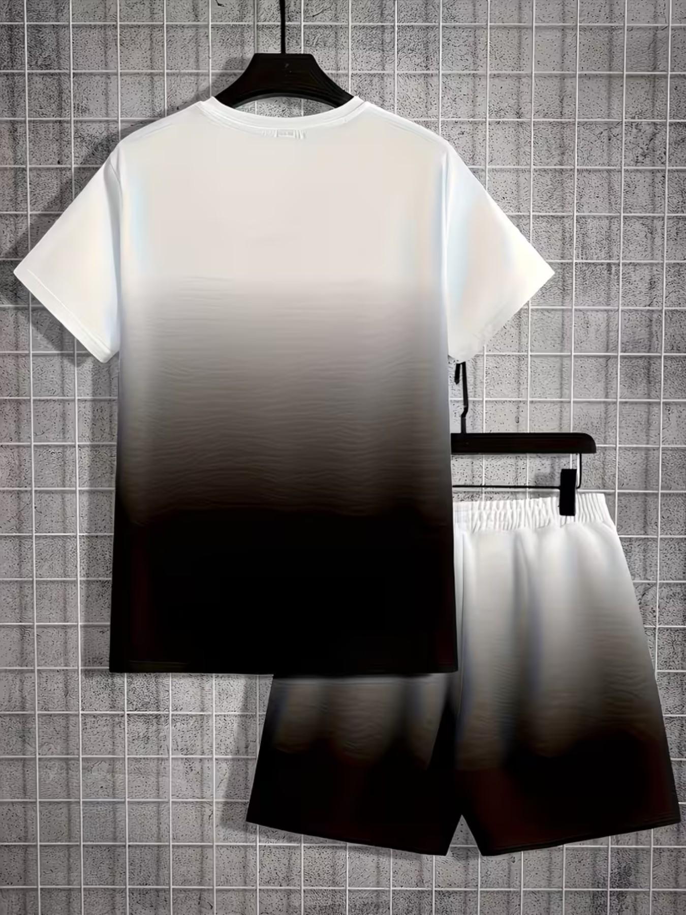 Men's Summer Casual Sports Set, Striped Print Short Sleeve T-Shirt and Pocket Shorts, Gradient Blue to