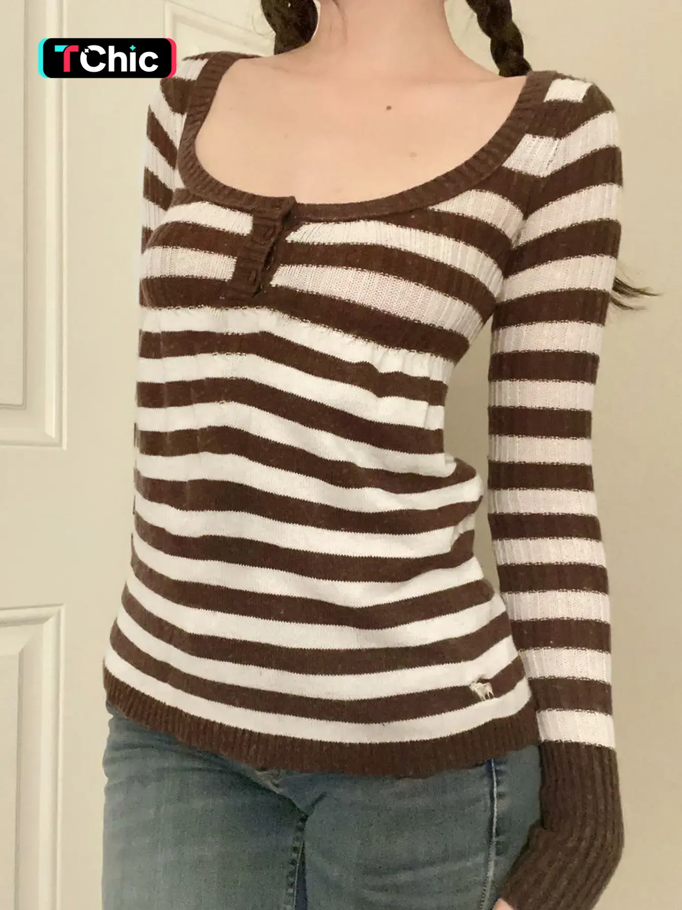 Y2K Aesthetic Striped Color Block Button Detail Slim-Fitting Sweater for Women, Long Sleeve Retro Knit Top for Spring, Knitted Sweater, Knitwear
