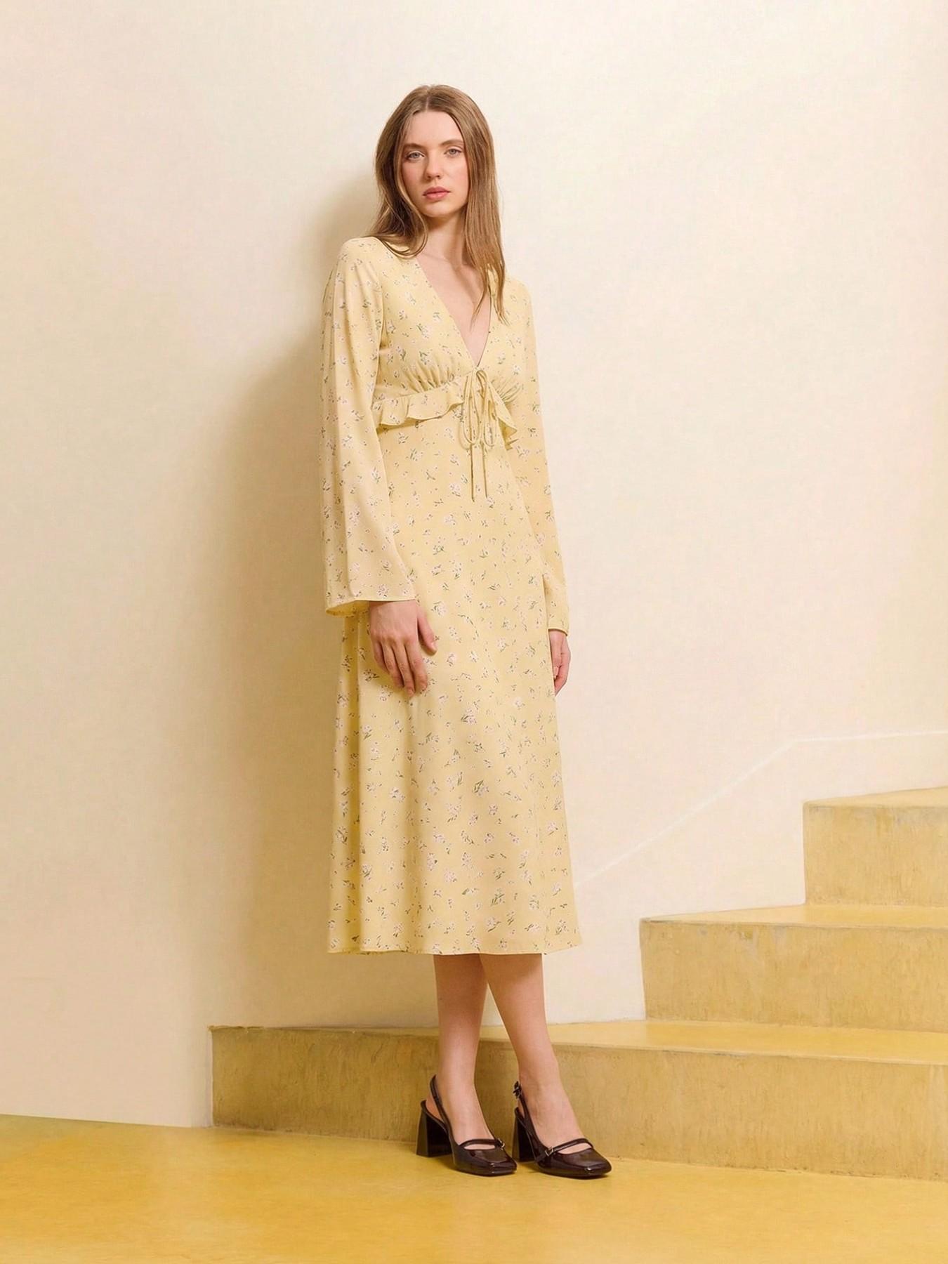 Women's Floral Print V-Neck Belted Midi Dress, Ruffle Details & Long Sleeves, Spring Vacation Dress, Ladies' Long Sleeve Dress