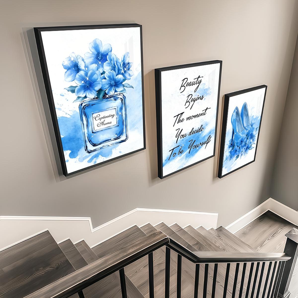 3 Counts Aluminum Alloy Framed Painting, Blue High Heels Perfume And Flowers Illustration, Home Decoration For Living Room, Bedroom, Office, Restaurant, Hallway Wall Decor, Odorless Print Artwork, Luxury Perfect Gift For Friends And Family