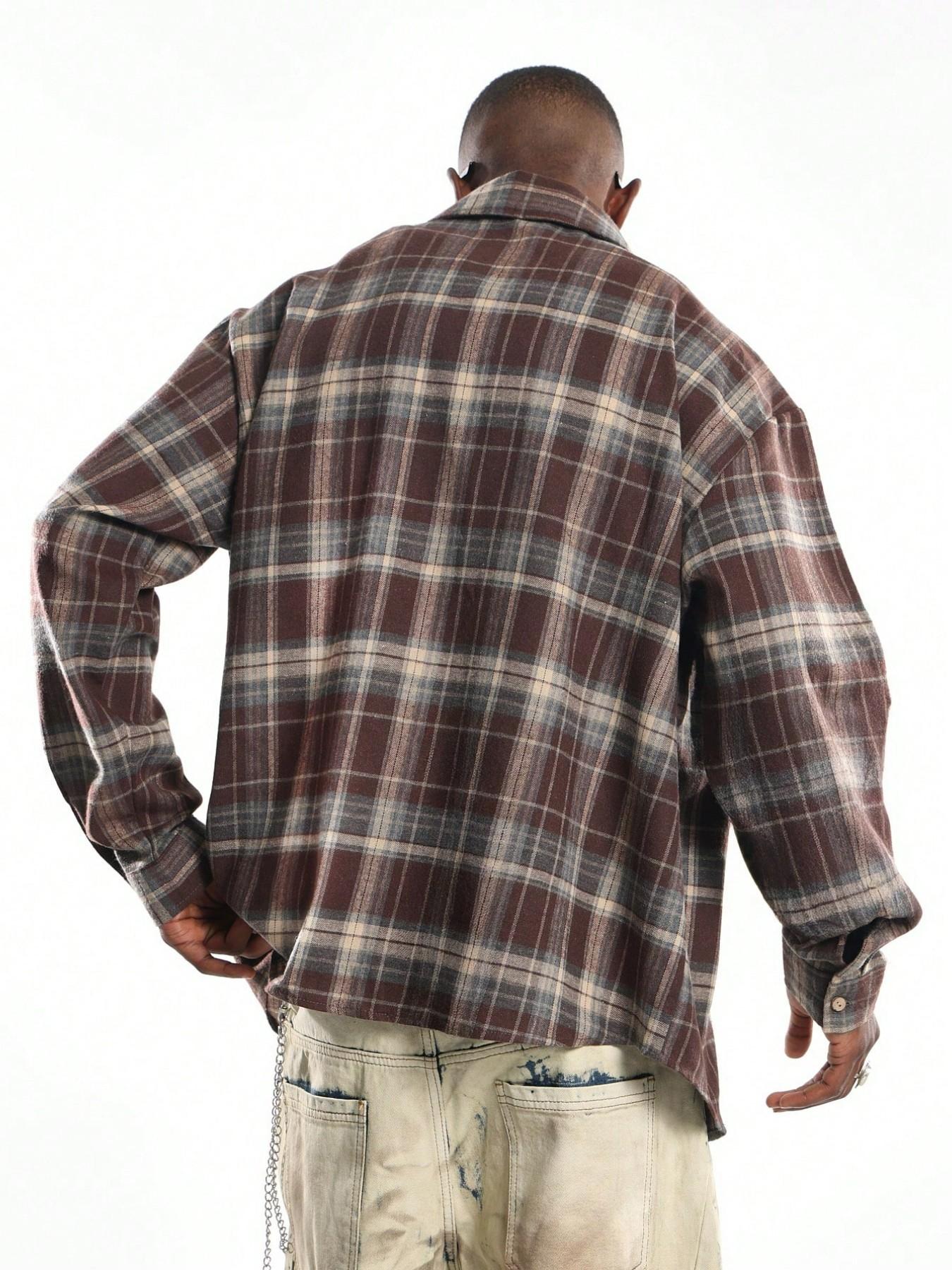 1pc Men's Vintage Plaid Flannel Shirt Oversized Long Sleeve Button Down Brown Checkered Top Streetwear Casual Blouse for Men