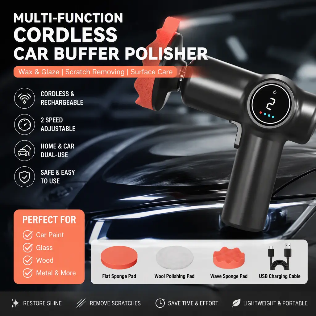 Portable Cordless Auto Polisher Buffer, Adjustable‑Speed Rechargeable Wax & Seal Glaze Machine, Dual‑Use for Car Scratch Repair, Glass Polishing, Wooden Table and Floor Waxing