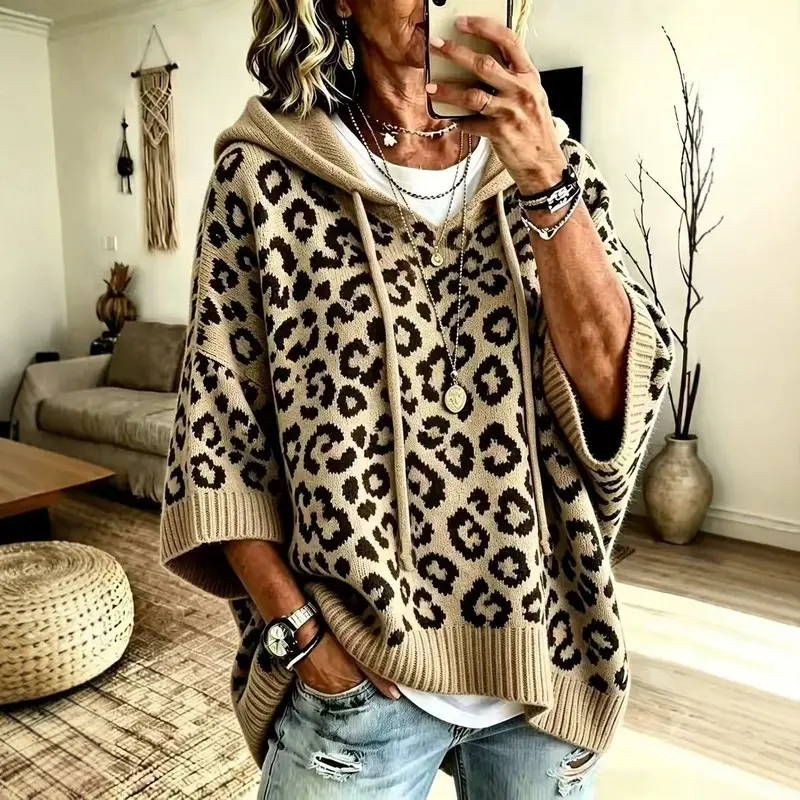 Women's leopard print hooded drawstring knitted pullover hoodie, loose-fitting knit outerwear