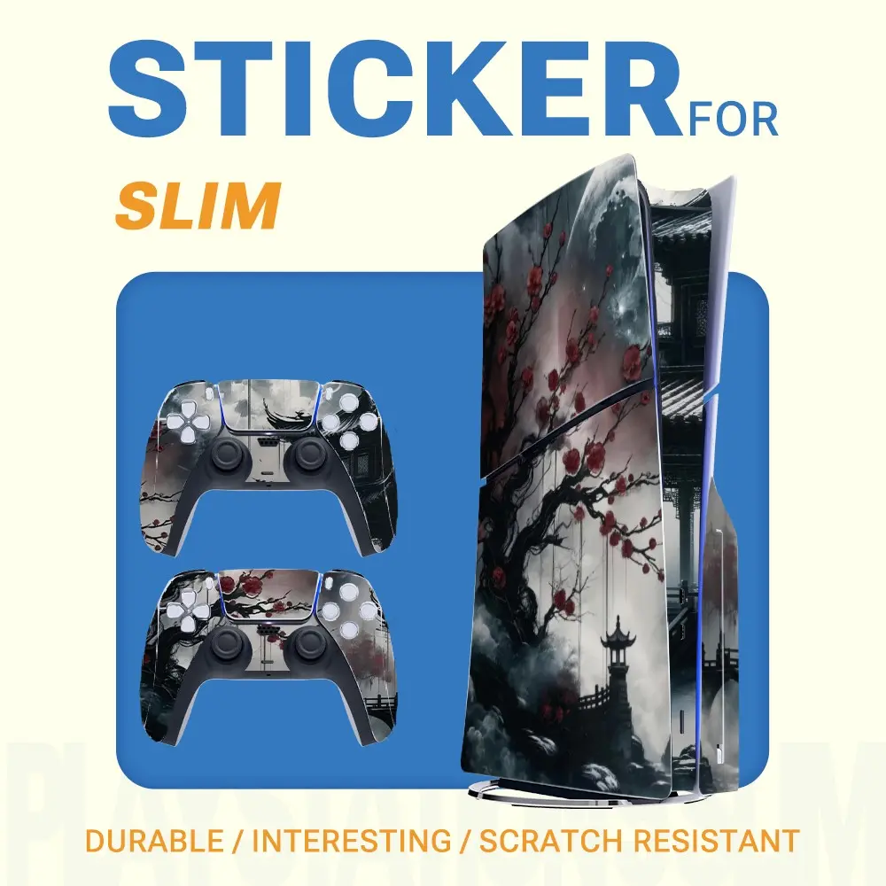 Ancient Style Pavilion Floral Landscape Sticker for Ps5 Slim Console, Full Coverage Vinyl Decal, Waterproof, Scratch-Resistant, Removable Without Residue, Floral Pattern Sticker