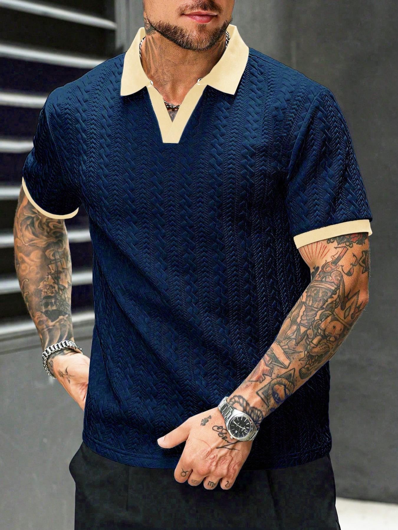 Men's Retro Colorblock Polo Shirt, Textured V Neck Short Sleeve Top, Casual Street Style, Summer Fashion, Fitted Leisurewear