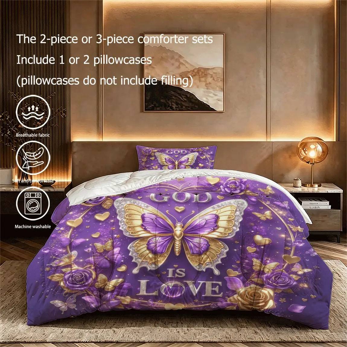 2/3pcs (1 comforter + 2 pillowcases) God is Love Purple Gold Butterfly Rose Bedding Set, Ultra-fine Fiber Lightweight Soft Fade Resistant All-Season Easy Care Machine Washable Bedroom Dorm Home Bedding