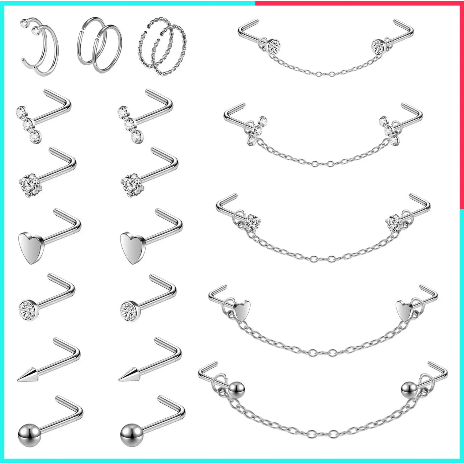 20G Surgical Steel Nose Rings Studs with Chain - Double Nose Piercing Jewelry Set, Nose Hoop, Spike, Heart, Ball CZ Nostril Rings for Women Men (Black, Silver, Gold)