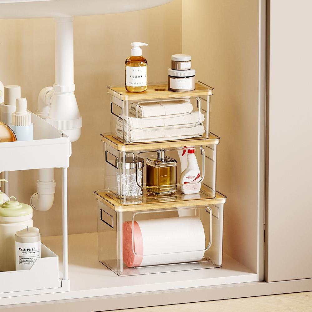 Covered storage box, suitable for kitchen and built in brush, with liquid compartment, laundry room garbage bag stand, food cabinet, kitchen cabinet, sink under storage box