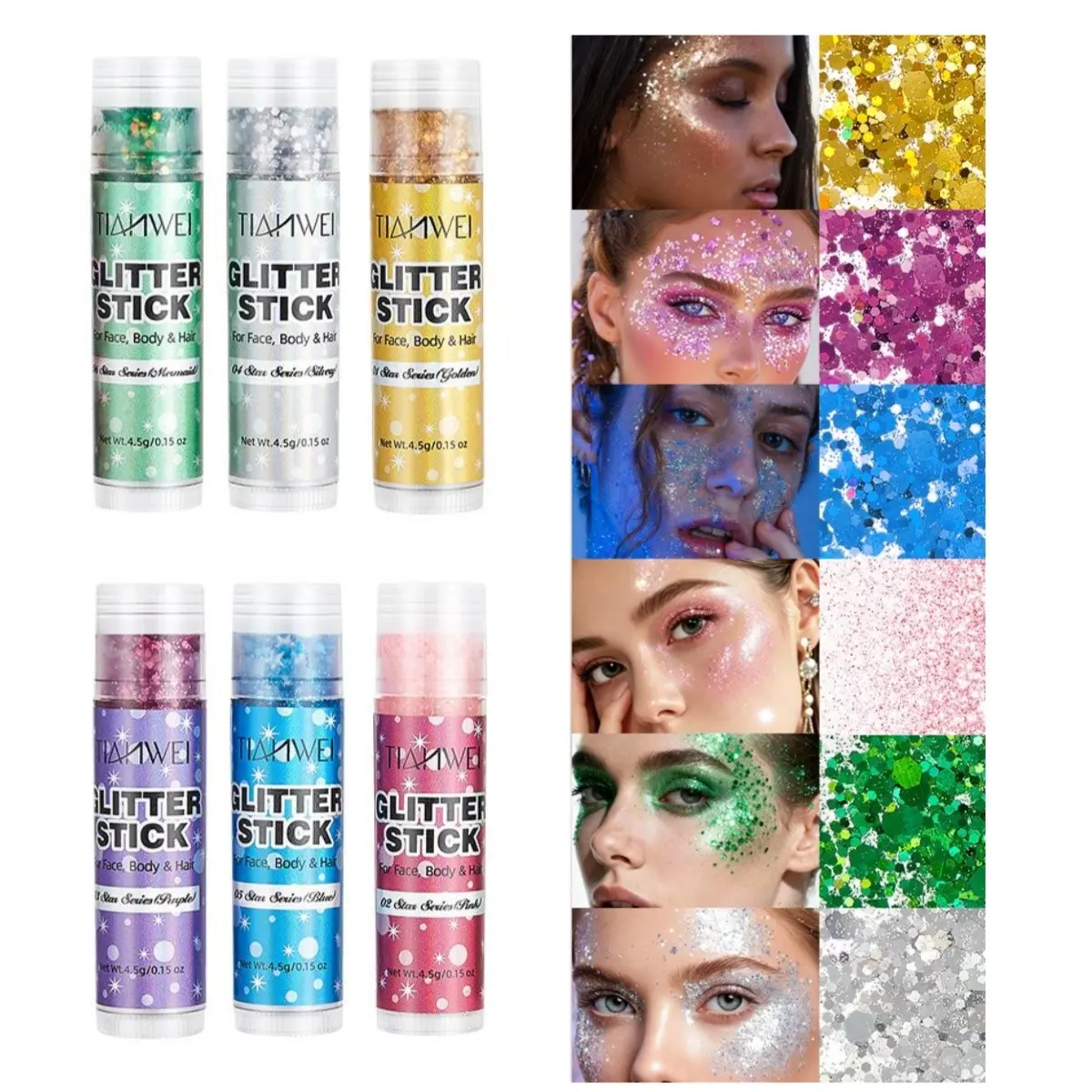6Pcs Set Body Glitter Stick, Glitter Gel, 4th of July Glitter Stick,Glitter Stick for Hair and Body,Long-Lasting Shimmer Suitable Stage, Festival Rave Makeup Prom Cosmetic Daily Independence Day Party Festival & Fun Holiday Look