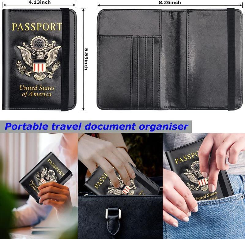 Minimalist RFID Blocking Passport Holder Wallet Cover Case for Women Men Family 3D Metal US Logo PU Leather Travel Wallet with Multiple Pockets