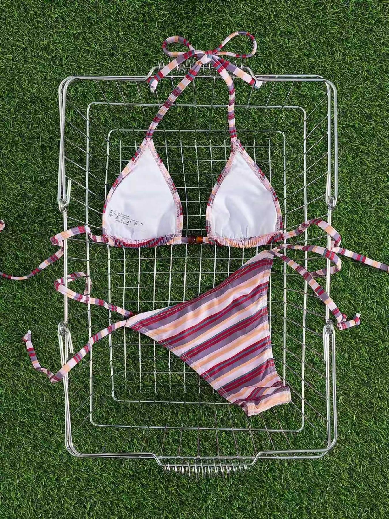 Women's Two-Piece Swimsuit Set, Sexy Triangle Bikini with Striped Design, Comfortable Beachwear for Vacation and Pool Parties, Halter Bikini, Swim Top Set