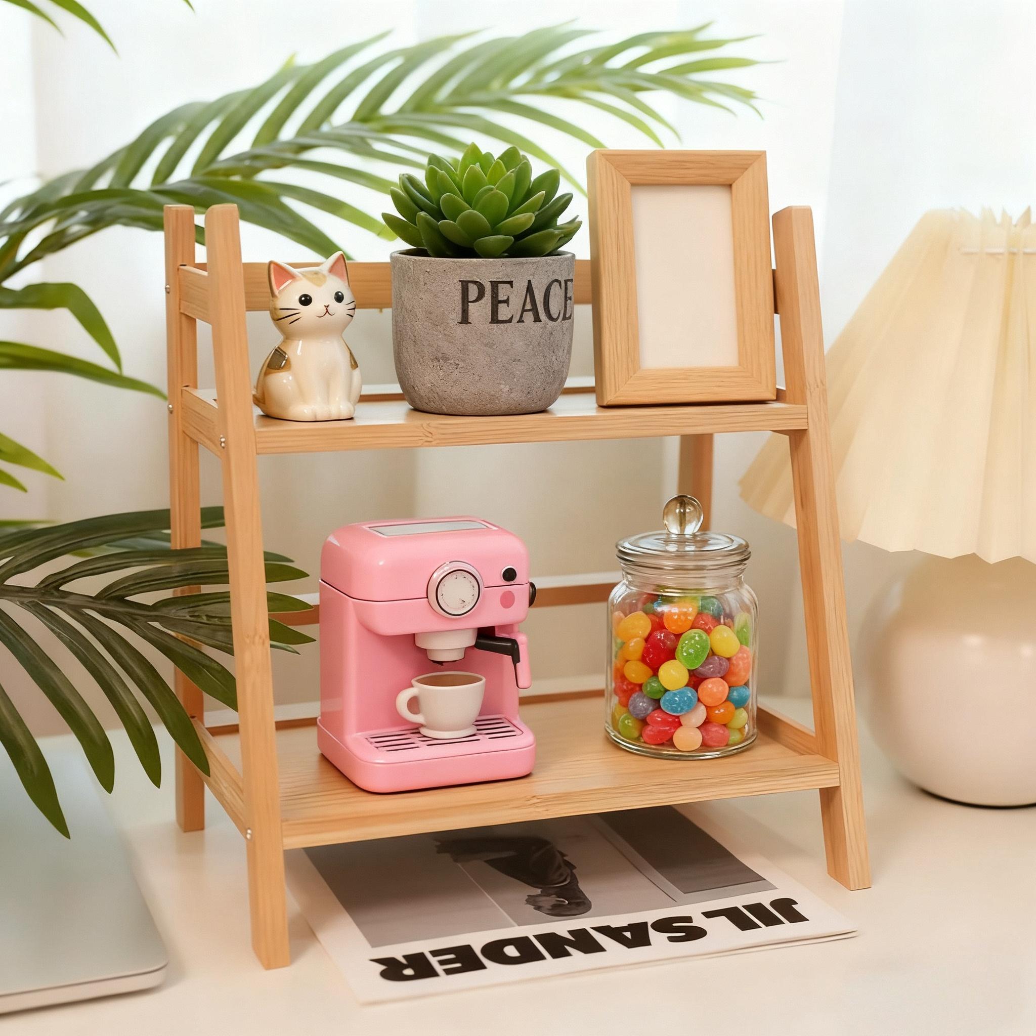 A 2-tier trapezoid cup holder/storage rack, a desktop easy-to-use multifunctional household cup storage bamboo cup rack, with natural wood surface treatment, easy to assemble, suitable for kitchen, dining room, office storage, multifunctional storage rack