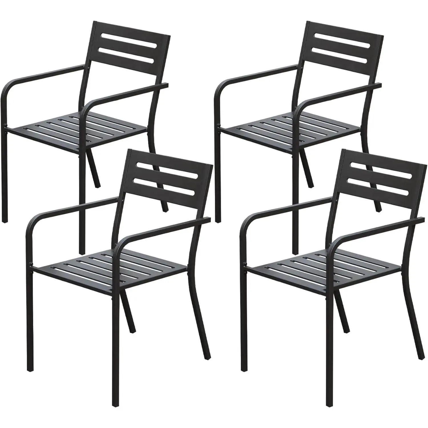 Black Metal Dining Chairs Set of 4, Stackable Outdoor Patio Garden Chairs with Ergonomic Armrests for Backyard Lawn Porch