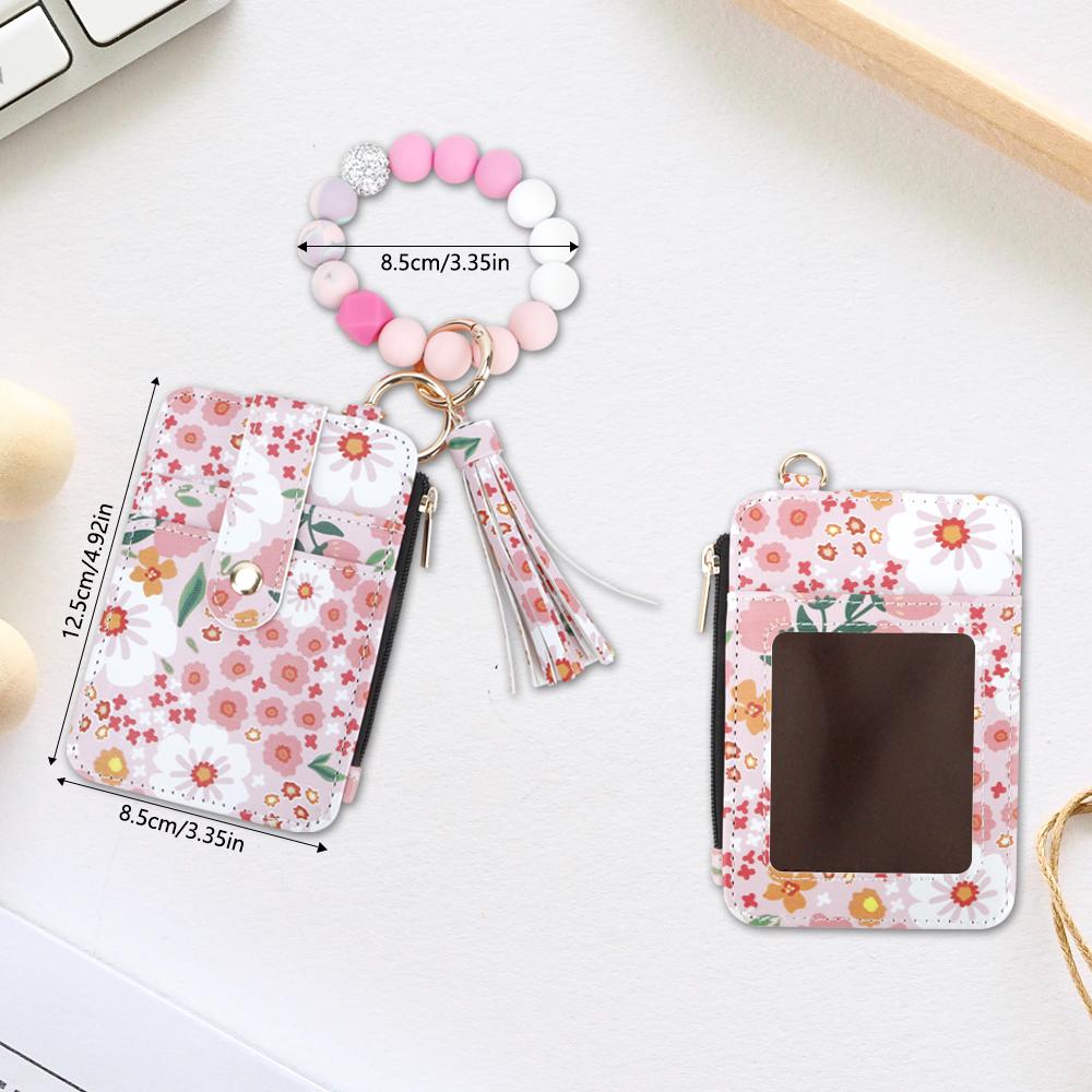 Ladies' Boho Style Beaded Tassel Decoration Keychain with Floral Pattern Wallet,Women's Credit Card Holder,Leather Card Case Keychain Wallet for Women