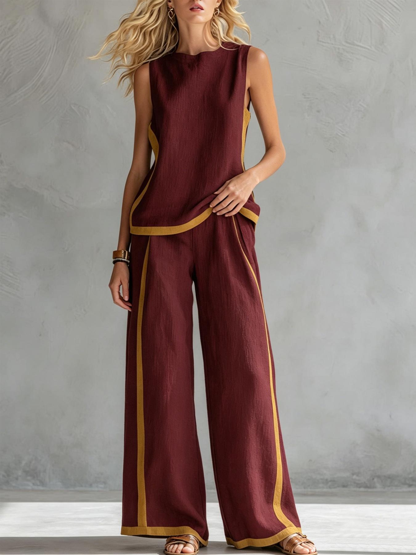 Women's Casual Loose color blocked sleeveless wide leg two-piece set, Colorblock casual set, with breathable surface suitable for commuting, daily wear. Multiple colors available