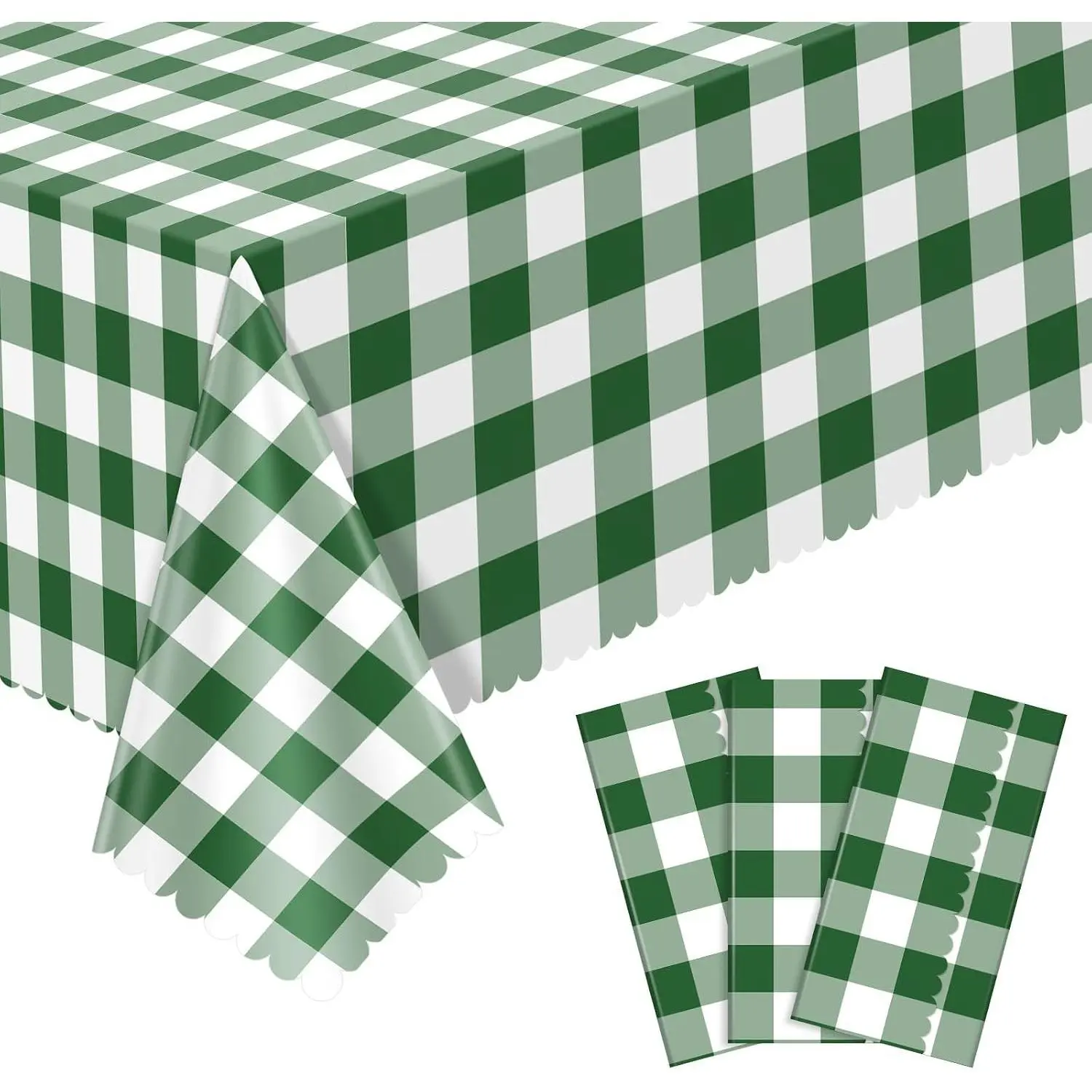 3 Pack Green and White Gingham Checkered Tablecloths, Scalloped Plaid Waterproof Table Cover for Golf Party, Picnic, Birthday, Barbecue, Camping, Wedding, 54 x 108 InchGift