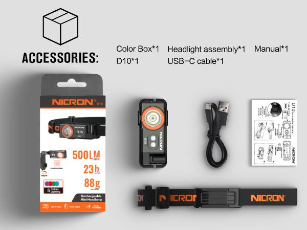 TikTokShopNewYearDeals NICRON D10 Rechargeable LED Headlamp - 500 Lumens, RGB 5 Color Modes, IP54 Waterproof, 360° Rotatable, with Clip & Magnetic Base - Perfect for Hunting, Fishing, Hiking, Camping, Running & Outdoor Adventures High Performance Flashlig