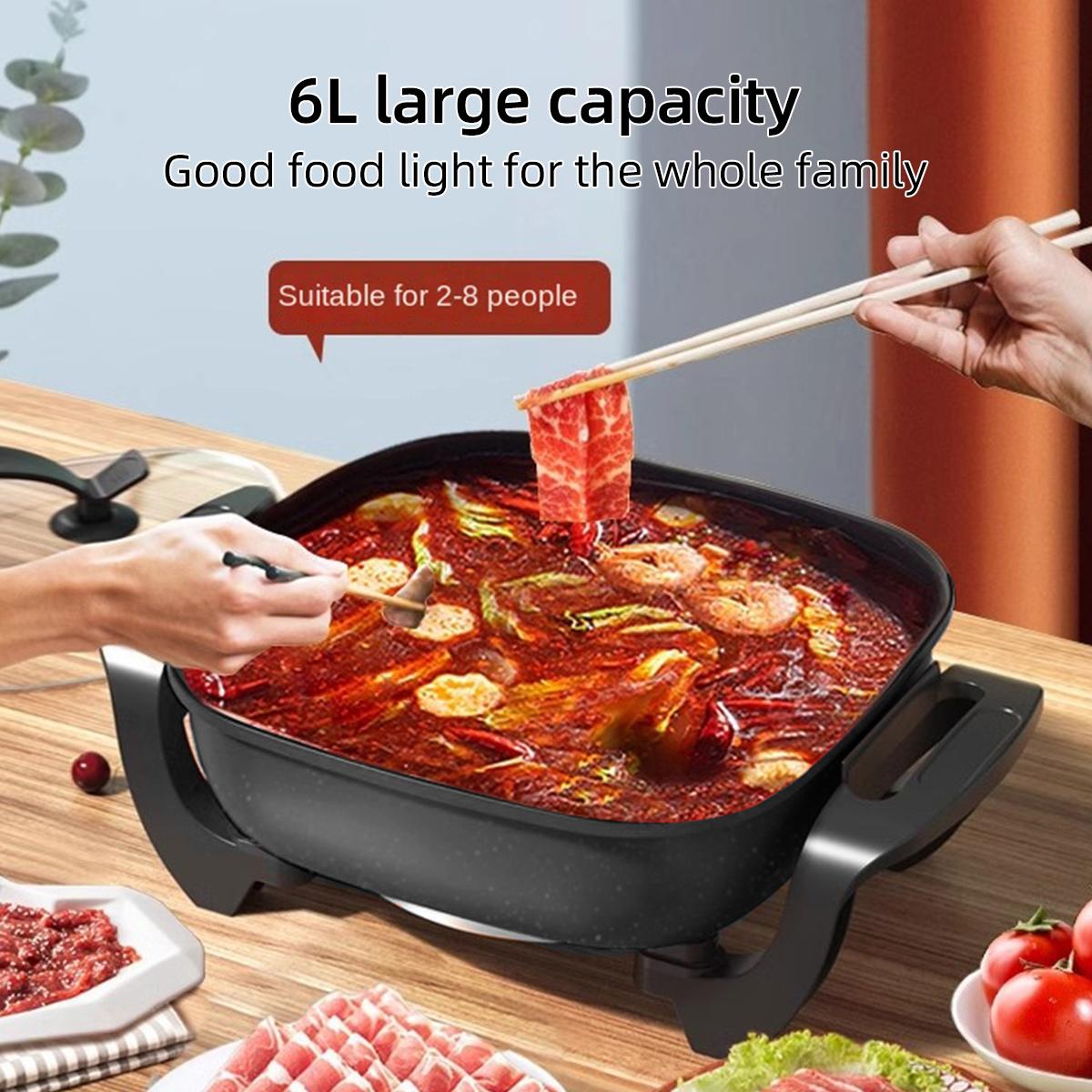 Electric Frying Pan - 6L Large Capacity Non-Stick Cooking Pot, Household & Kitchen Appliances, Stand-Up Glass Lid, 3 Heat Levels, Heat-Resistant Handle, 1500W Multifunctional Cooker, Black