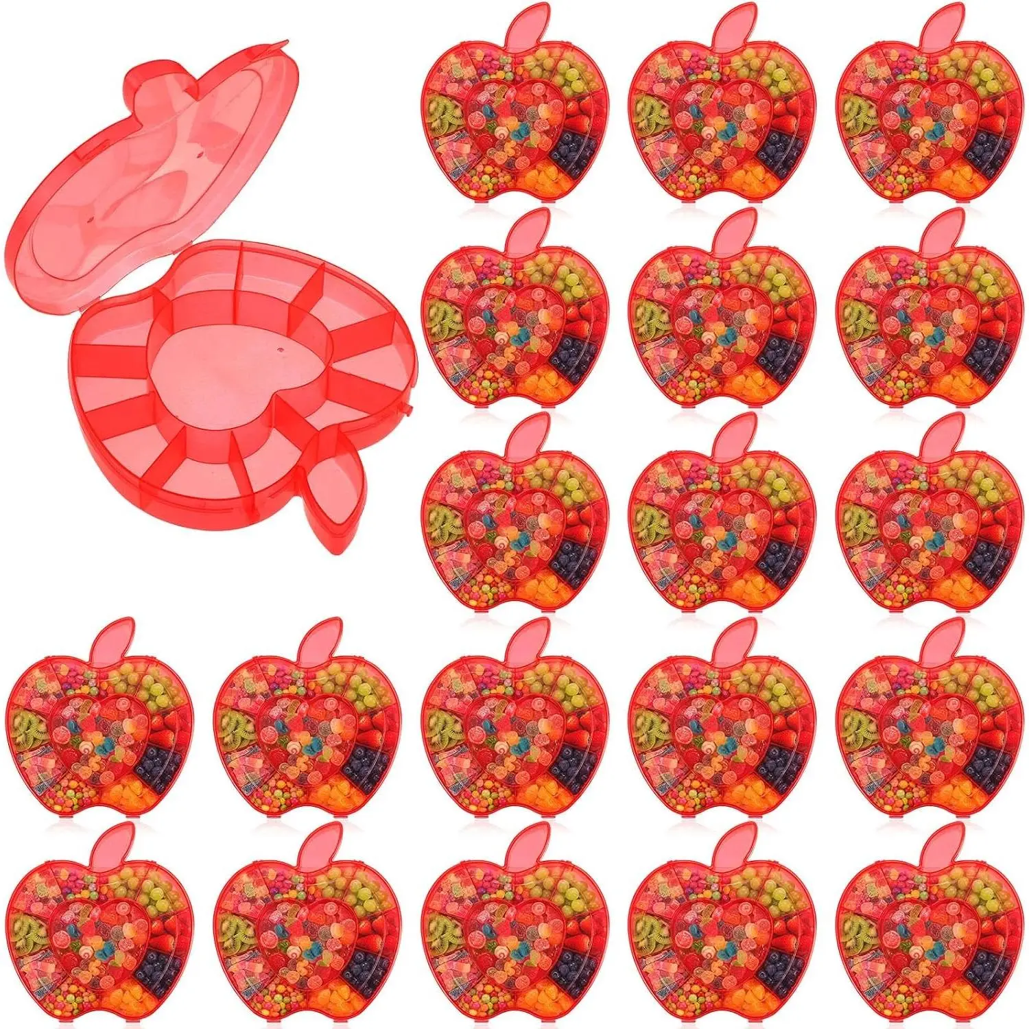 18 Pack Apple Shaped Divided Snack Containers with Lid Back to School Party Favors Gift Portable Plastic Candy Storage Trays Multi Compartment Serving Tray for Classroom Jewelry Organizer Box