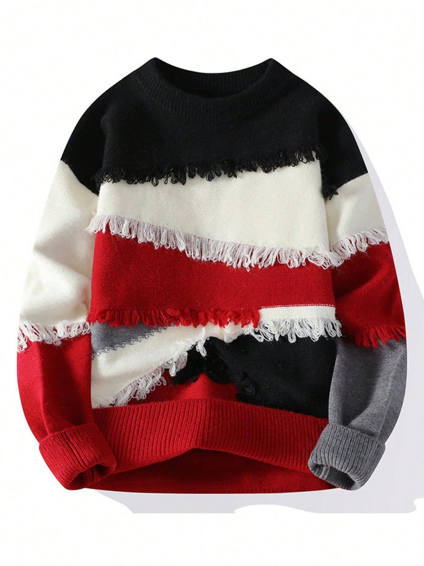 Men's Patchwork Color Block Pullover Sweater, Stylish Casual Crew neck Drop Shoulder Long Sleeve Knitted Top,Unisex Ripped Design Fashion Fall Winter Inside Top Soft Warm Sweatshirt Daily Life, Trendy Men's Outdoor Going Out Warm Jacket Knitwear