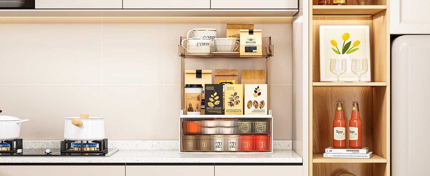 7CODE 4-Tier 2-Drawer Bathroom Organizer with Makeup, Perfume, and Skincare Organizers in Amber Racks Cosmetic Box