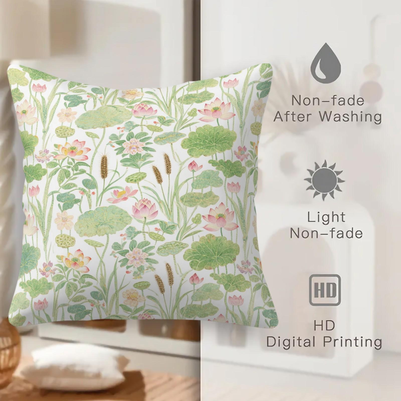 1 Piece Watercolor Lotus Pond Throw Pillow, HD Digital Printed Decorative Cushion, Aesthetic Boho Accent Pillow with Zipper Closure for Sofa Couch Bed Living Room Home Decor