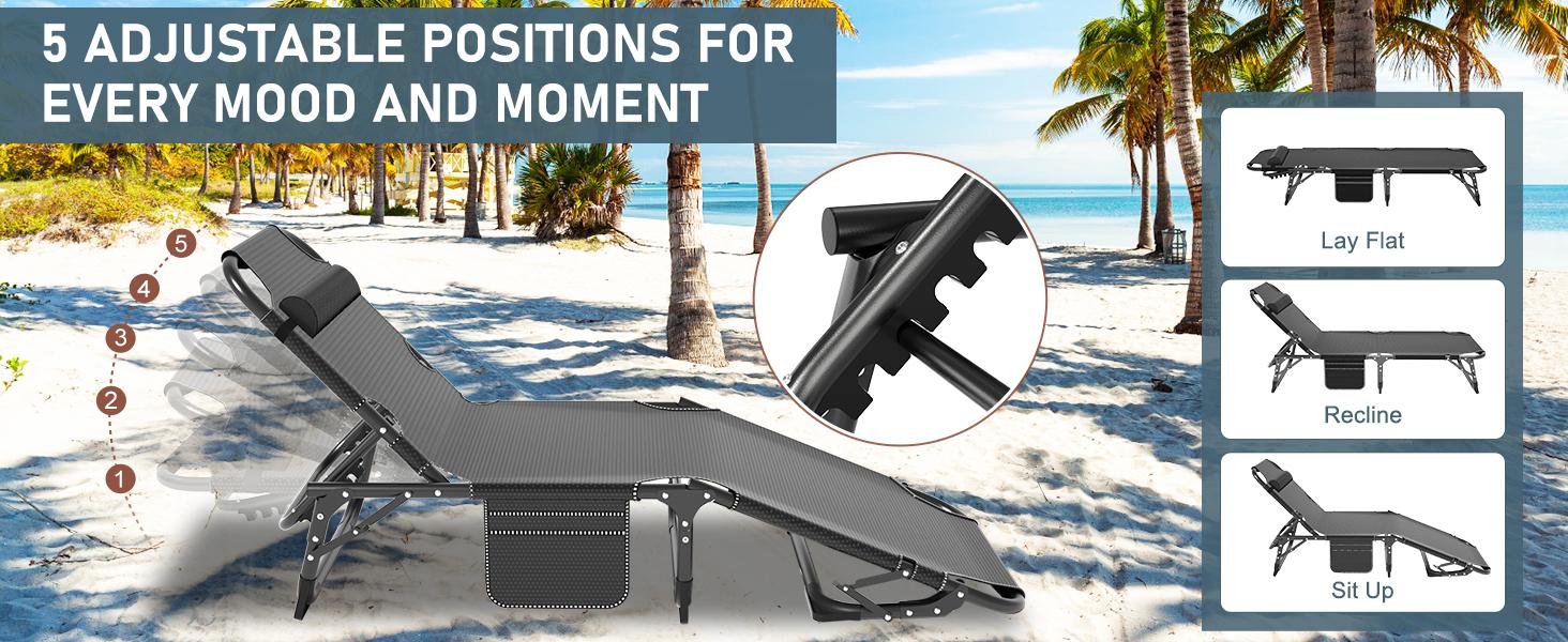 SLSY Portable Folding Camping Cot Bed with 2 Sided Mattress & Pillow, Adjustable 5-Position Folding Lounge Chair, Folding Cot Bed