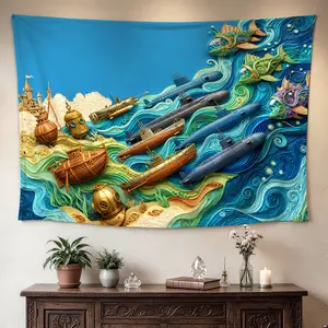 Underwater Deep Sea Submarine Quilling Art Wall tapestryLarge size Printed Horizontal Tapestry blanketPolyester Fabric Wall Hanging for living roombedroomNo Installation RequiredIndoorOutdoorGift for Family and Friends
