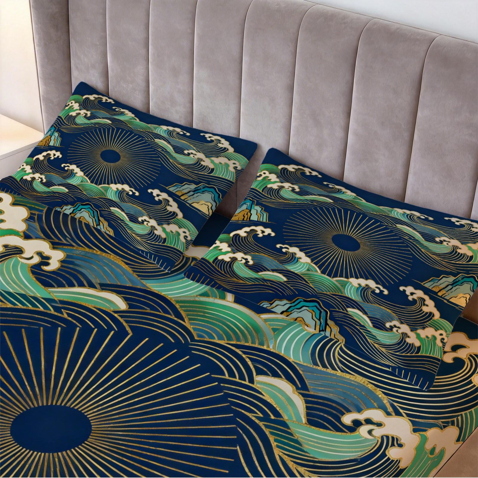 3 Piece Japanese Wave Sun Fitted Sheet Set, Navy Blue Gold Foil Great Wave HD Digital Print Bedding Set, Soft Breathable Deep Pocket Bed Sheet for Bedroom & Dorm, Machine Washable (Insert Not Included)