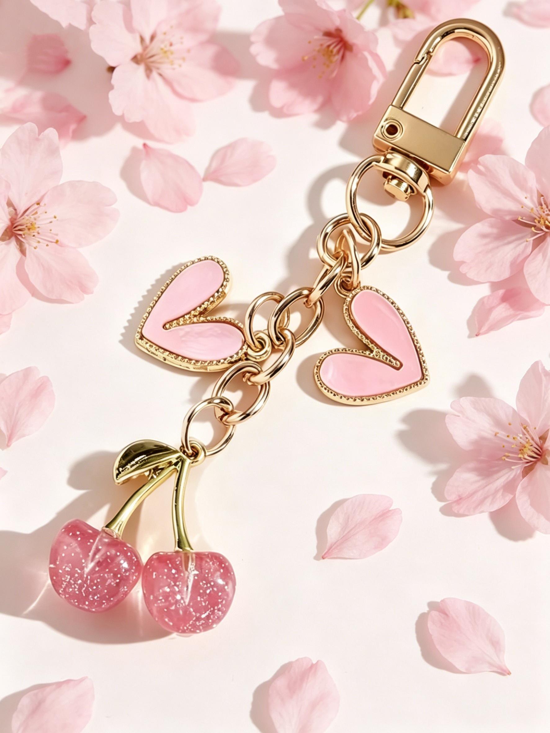 Elegant Cherry Heart Keychain for Women, Cute Glossy Cherry Key Ring, Fashion Bag Charm, Casual Style, No Choking Risk