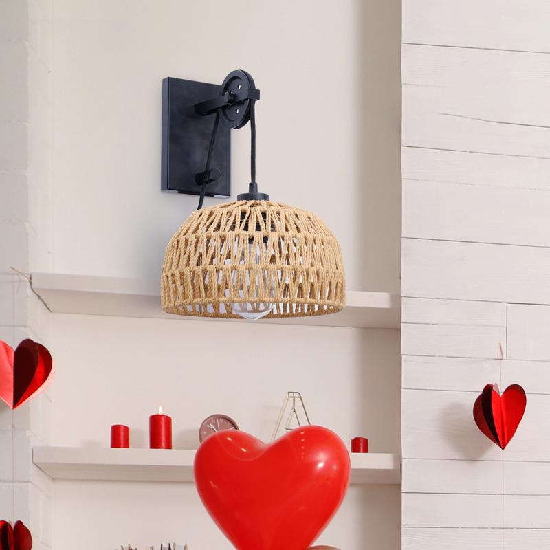 GLITGATE Boho Plug-in Wall Sconce without Bulbs for Livingroom,Hand-woven Rattan Wall Lamp With Adjustable Height,Wall Mounted Night Light,Bedside Wall Lamps for All E26 Bulbs for Bedroom,Living Room Decor (Bulbs Not Included)