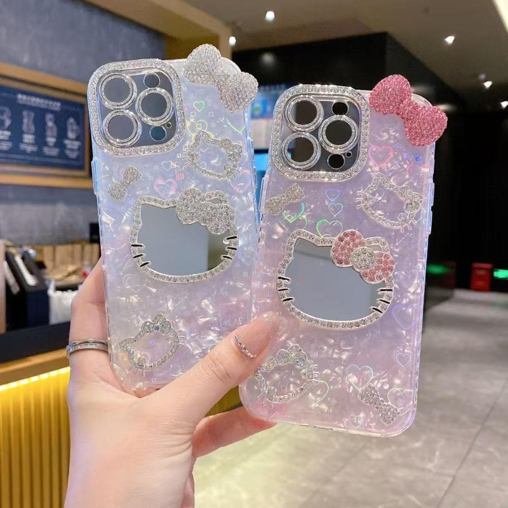 Trendy Cute Shell Pattern Sparkling Cat Mirror Phone Case For iPhone 17 16 15 14 13 12 Pro Max Plus Fashion Protective Cover