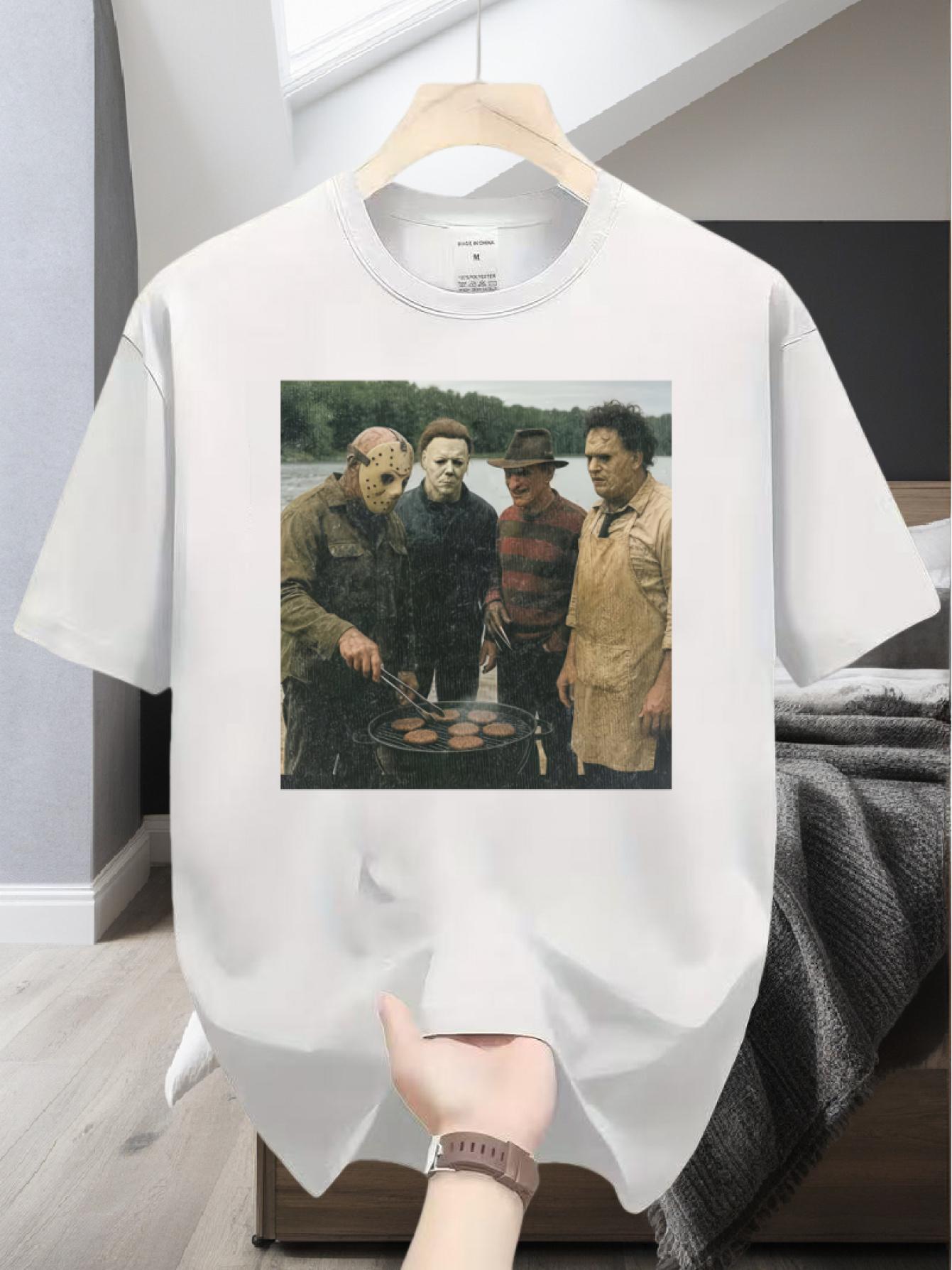 Jason Freddy Horror Movie Character Barbecue Motif Unisex Regular Shortsleeve Apparel T-Shirt Top for Fans - Polyester Knitted Fabric Casual Wear, Graphic Print, Funny, Machine Wash