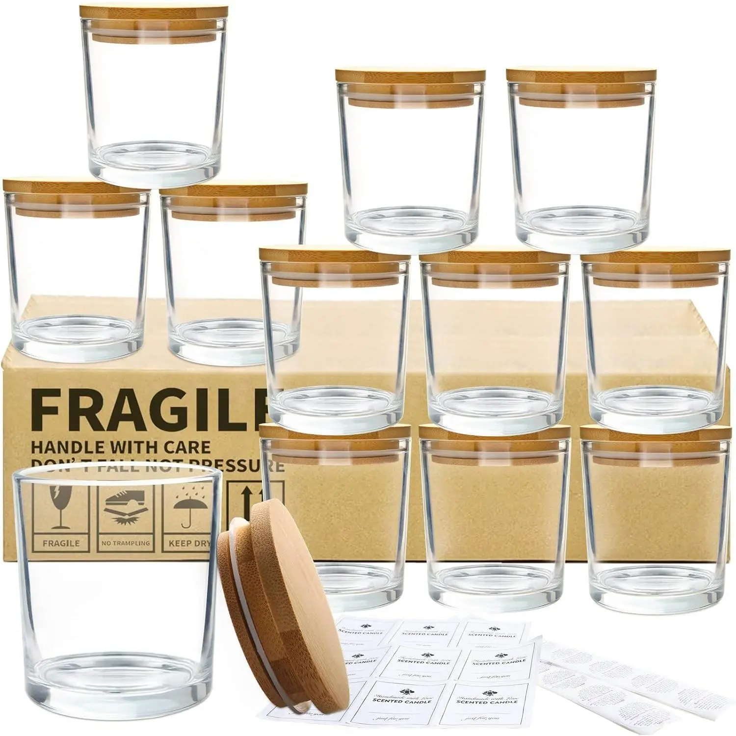 12Pack 10 OZ Clear Glass Candle Jars with Bamboo Lids for Making Candles, Large Size Empty Candle Tins with Wooden Lids, Bulk Clean Candle Containers - Dishwasher Safe