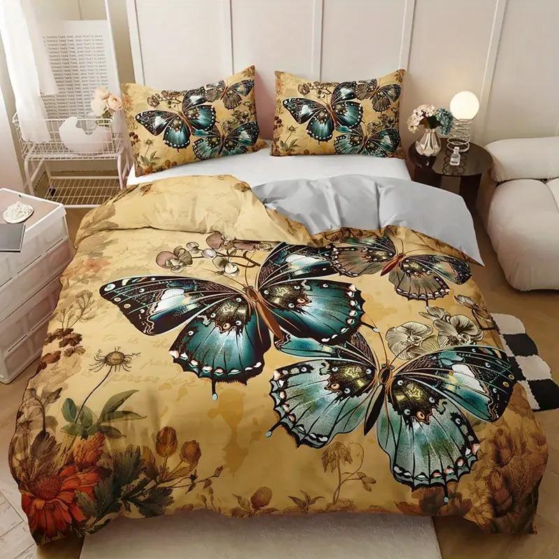 3pcs Butterfly Couple Pattern Print Blanket Set, Soft Polyester Fabric, Zipper Design, Modern Style Bedding Essentials
