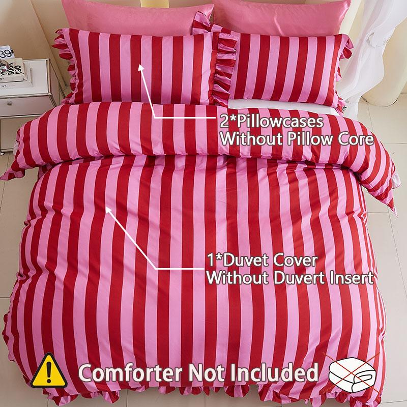 Striped Print Ruffled Soft Bedding Set, Includes 1 Duvet Cover + 2 Pillowcases, Inserts Not Included Stylish Cozy Bedding for Couple Bedroom, Ideal Valentine's Day Gift