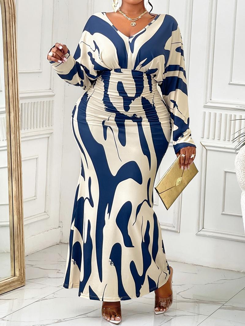 Autumn Elegant Sexy Women's Geometric Print Dress, Plus Size Deep V Neck Batwing Sleeve Slim Fit Long Dress for Fall Season