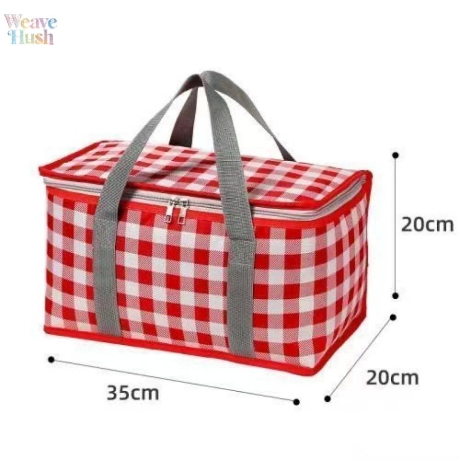 Striped Grid Polyester Cooler Bag, Large Capacity Portable Insulated Lunch Tote, Foldable with Matching Mat for Camping & Picnics, Cooler Bags, Synthetic, Insulated Bag