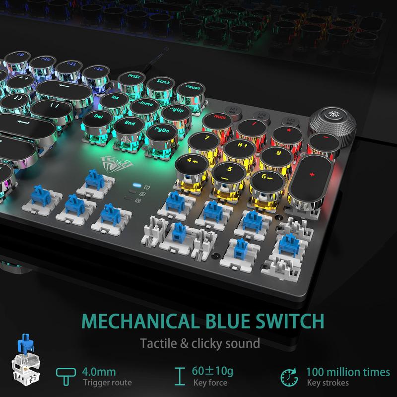 AULA F2088 Full Size Wired Transparent Mechanical Gaming Keyboard Typewriter Style, Blue Switches,Rainbow LED Backlit,Removable Wrist Rest,Media Control Knob,Retro Punk Round Keycaps,USB Computer Keyboard TikTokShopfalldealsforyou